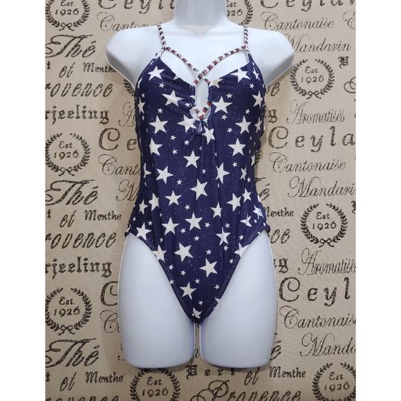 California Sunshine Navy Blue and White Star Swimsuit Size Large - Picture 1 of 6